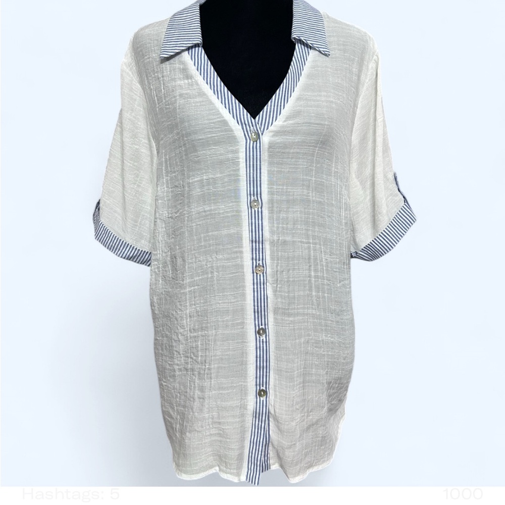 PARALLEL SKIES Blue & White Striped Short Sleeve Button Down Blouse V Neck XL